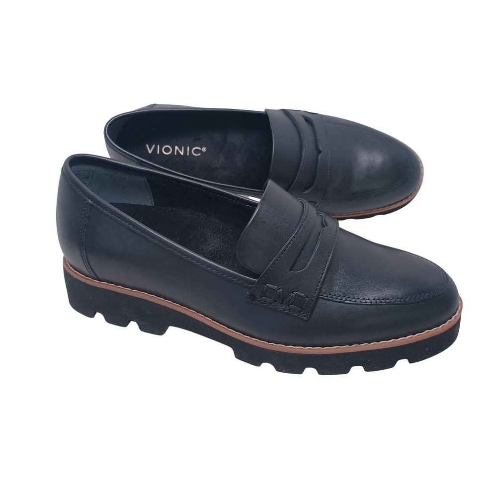 Vionic Cheryl II Black Leather Lug Sole Penny Loafers Womens 6.5 Preppy Orthotic